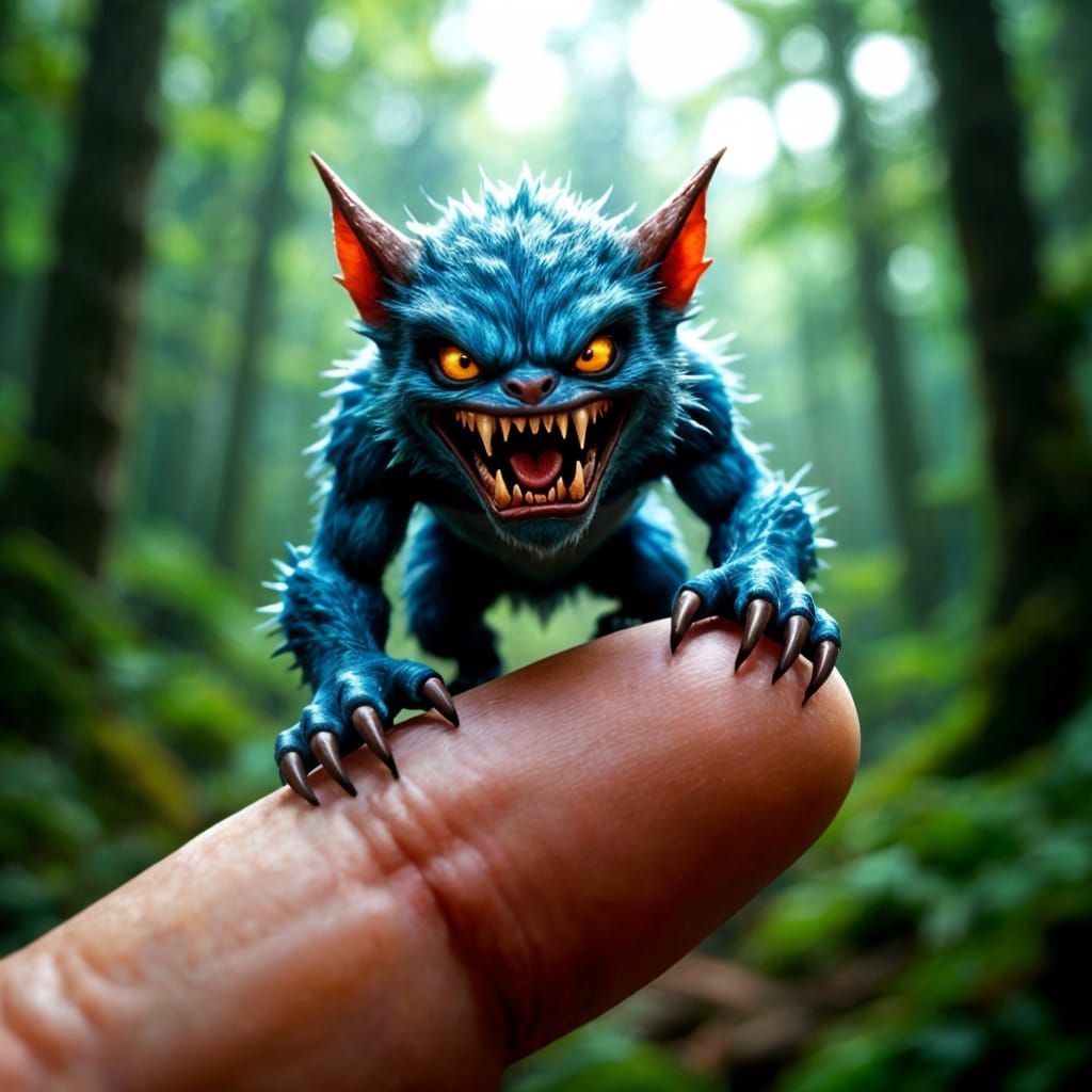Tiny Monster on Fingertip in Photorealistic Detail