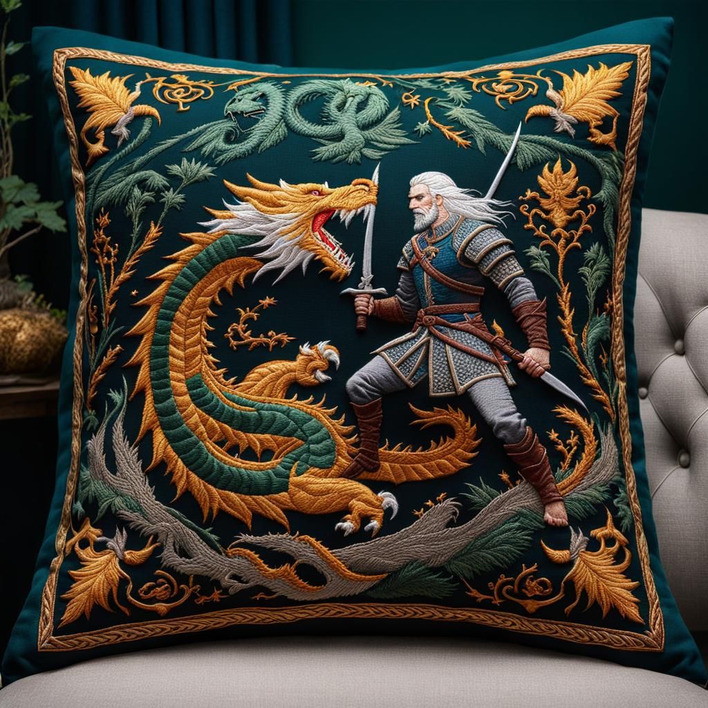 Embroidered Pillow: Geralt vs Dragon Tapestry