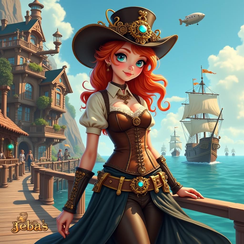 Steampunk Woman on Sea Dock in Miyazaki Style