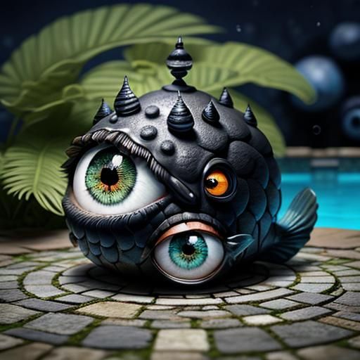 Chibi-Eyed Corvid with Snail Shell, 3D Surrealism