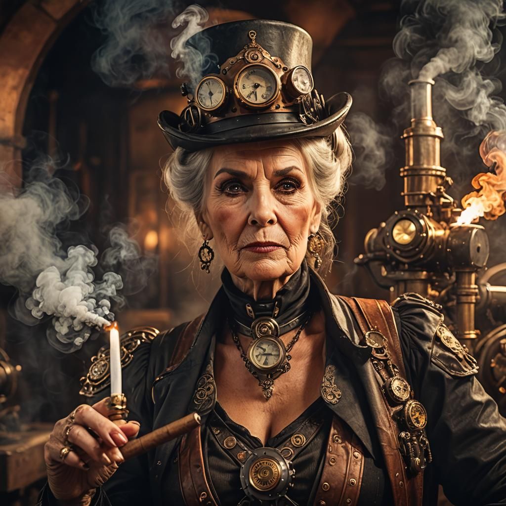 steampunk engine, a beautiful old mature woman, huge bosom, dark glossy makeup, smoking a cigar, sharp focus, warm color...