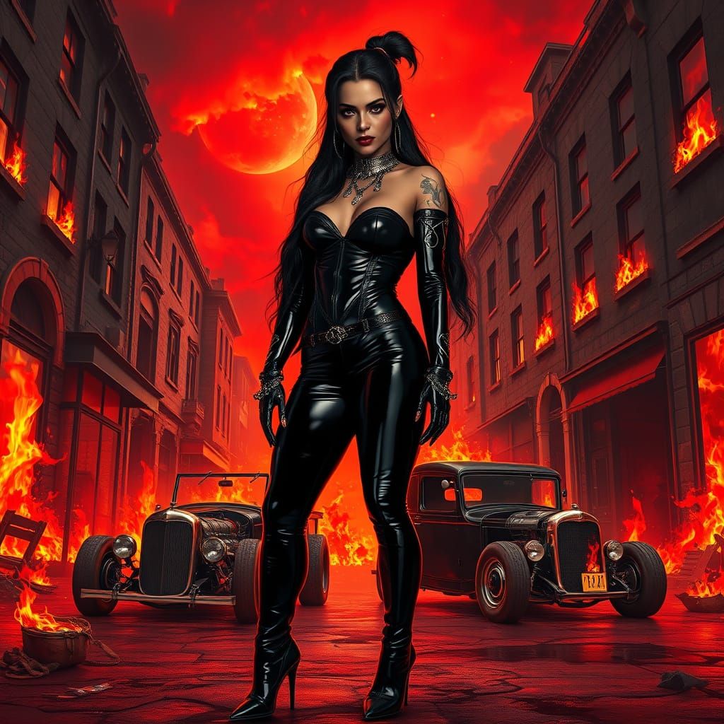 Dark Fantasy Dominatrix in Fiery Street Scene