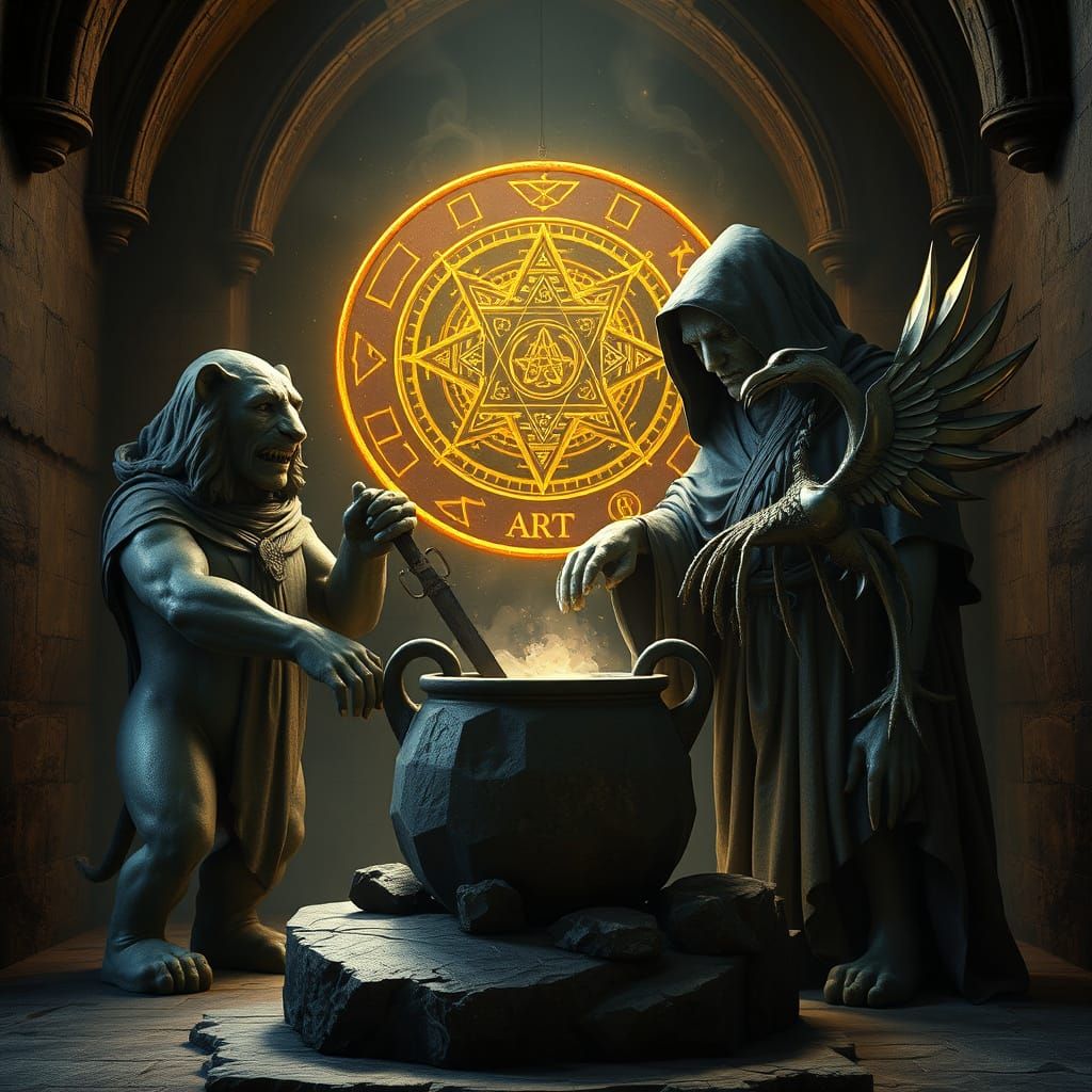 Cubist Witch Stirs Mystical Broth in Dark Chamber