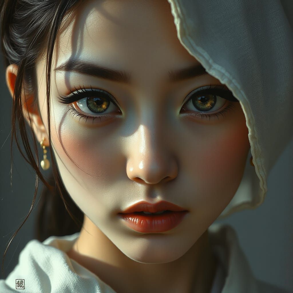 Japanese Woman Portrait in Margaret Keane Style