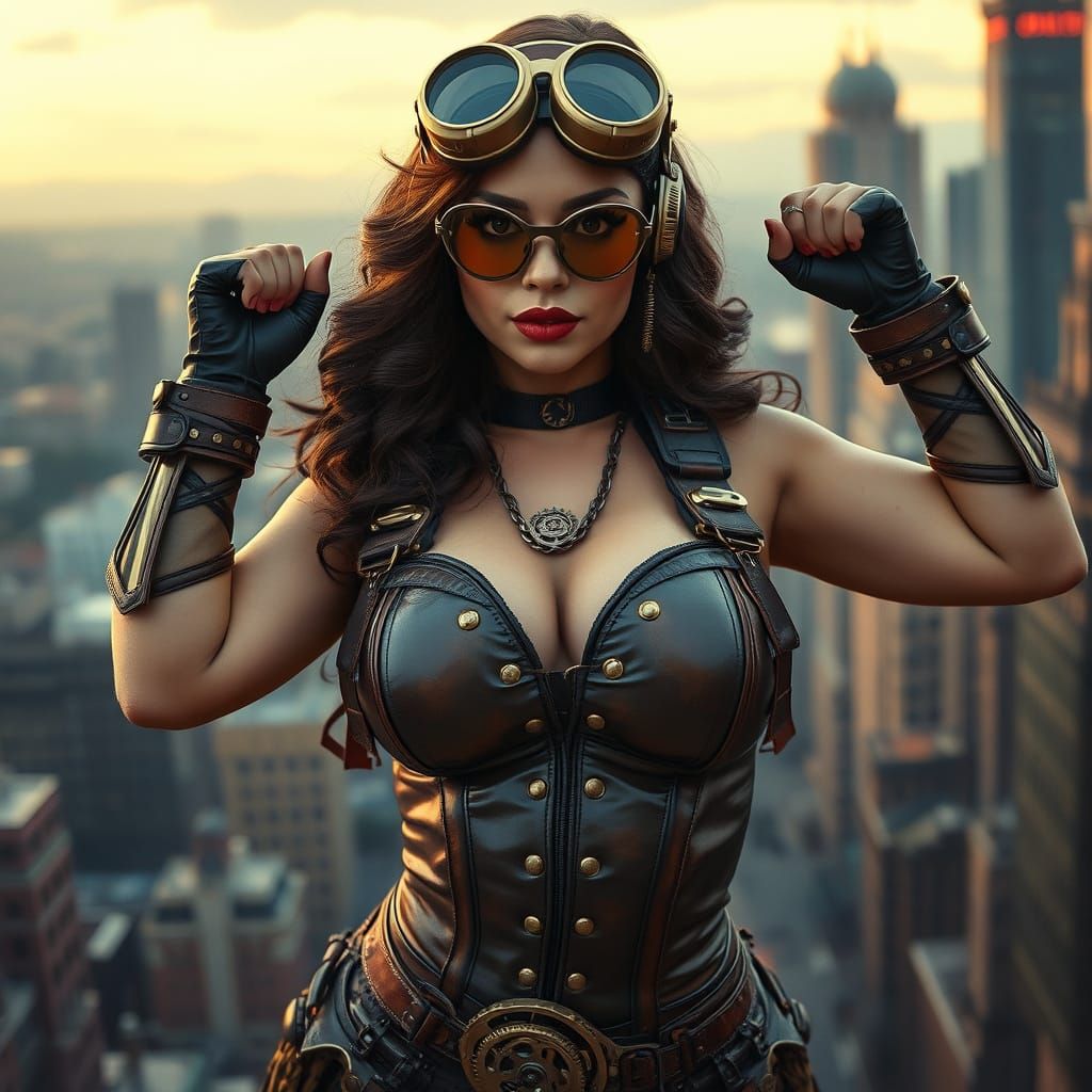 Steampunk Superheroine in Vibrant Cityscape