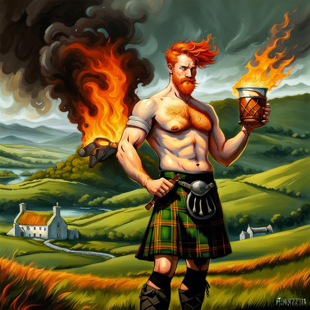 A young Irishman in kilt, fiery ginger hair, shirtless holding a tankard of whiskey, flames burning brightly from the ta...