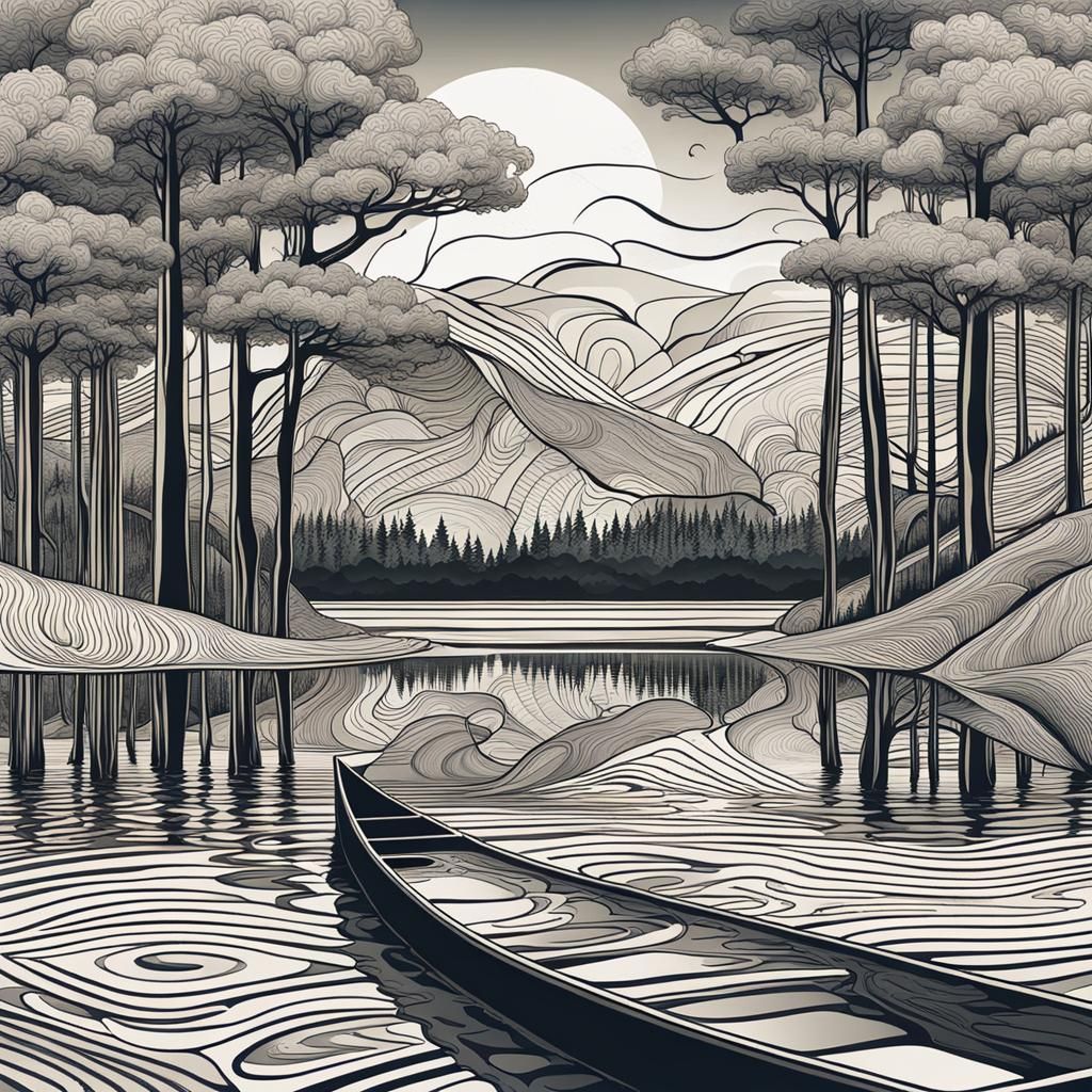 Abstract Lake Scene with Canoe in Vector Style