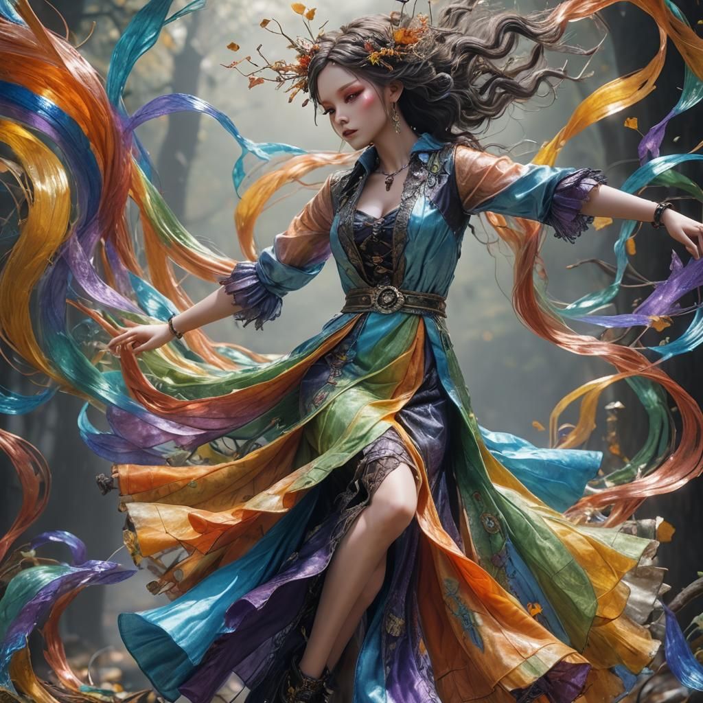 Hyperrealistic Mechanical Doll in Kawaii Witchcore Scene