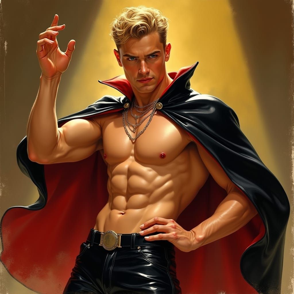 Muscular Man in 1950s Pin-Up Halloween Illustration