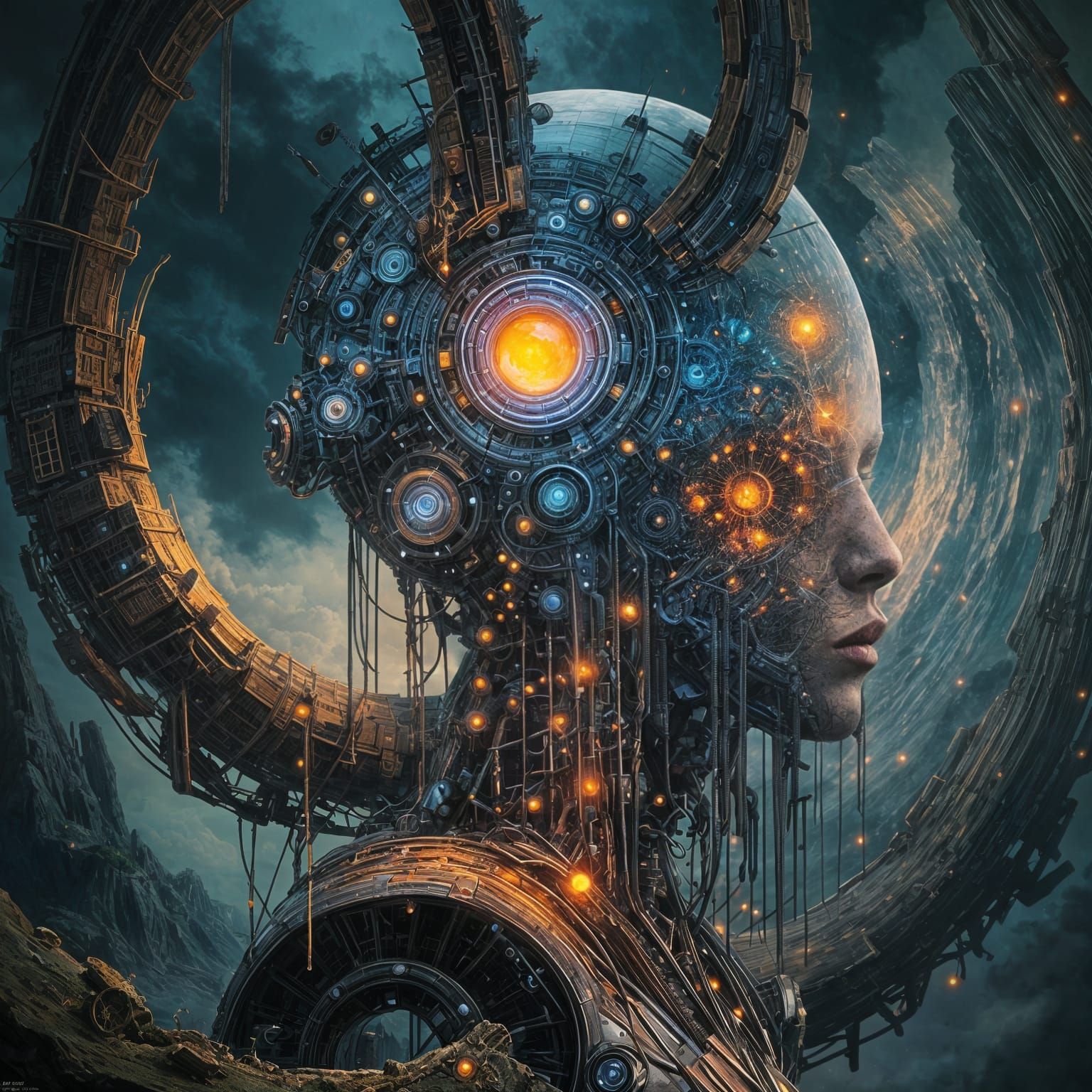 Cyberpunk Robot in a Spiral Panorama