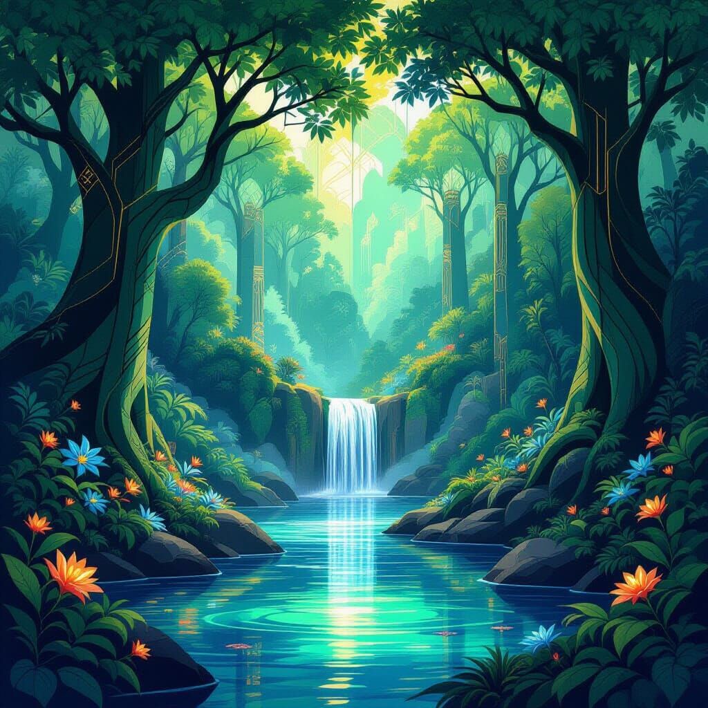 Art Deco Enchanted Forest with Glowing Flora