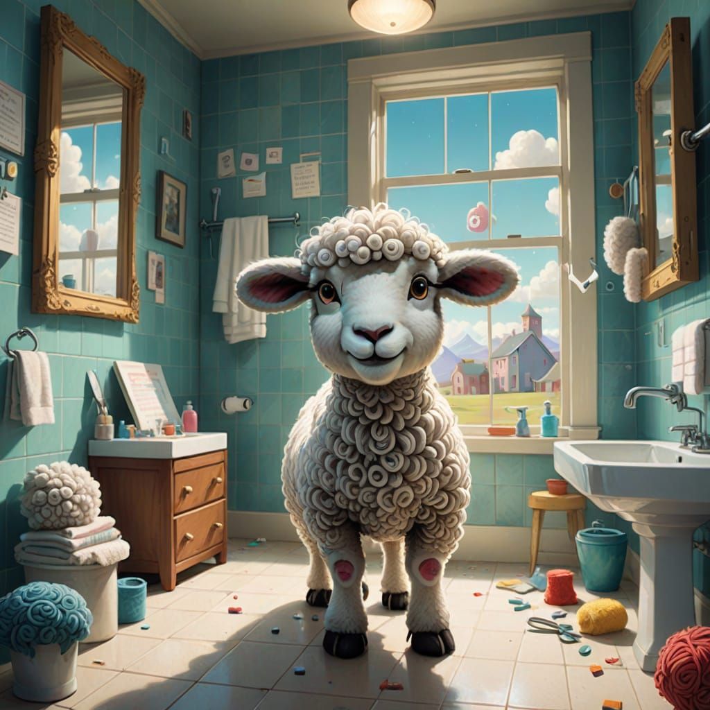 Lamb's Surreal Reflection: Cartoon Realism in Bathroom