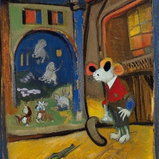 Medieval Mouse in Futuristic Barn, Expressionist Painting