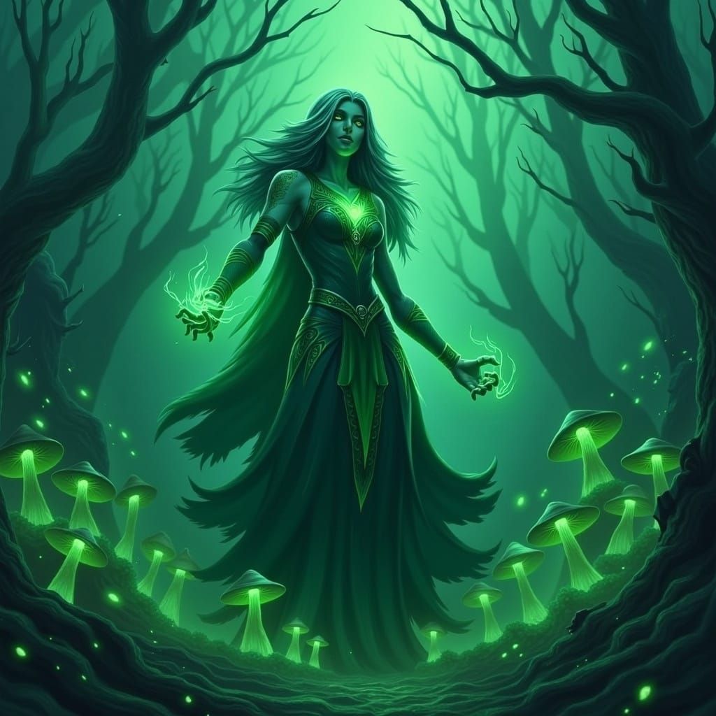 Mystical Earth Goddess in Eerie Gothic Forest