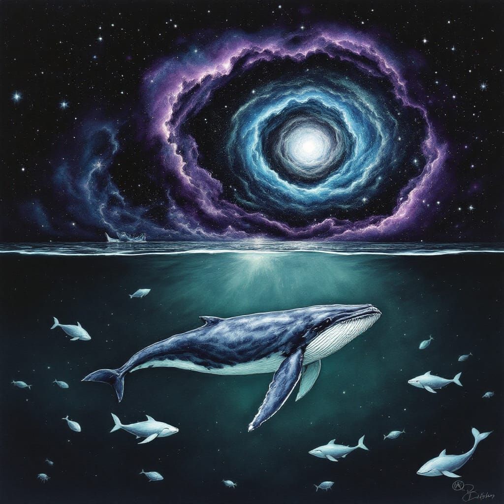 Two Whales: Ocean Depths and Cosmic Nebula