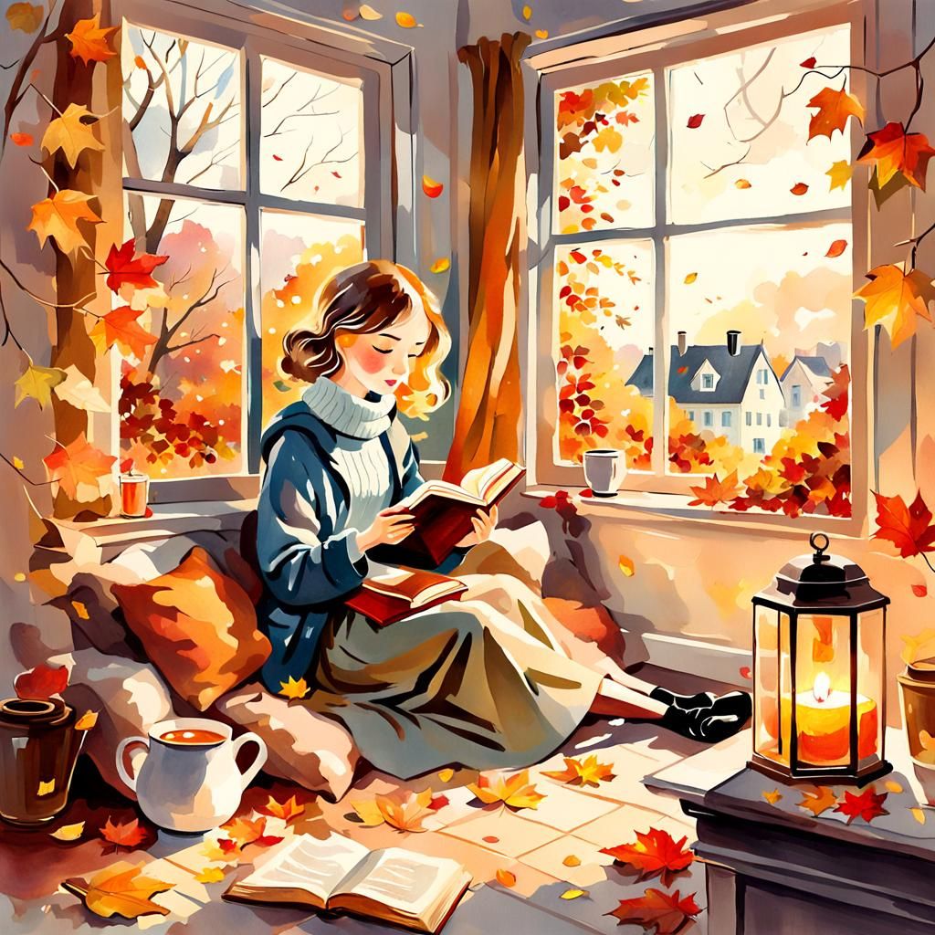 Cozy Autumn Reading Scene in Watercolor Style