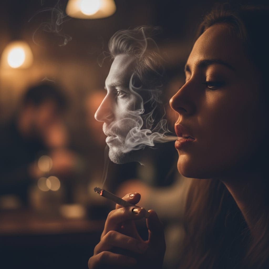 Male Profile Formed by Cigarette Smoke from Woman's Mouth
