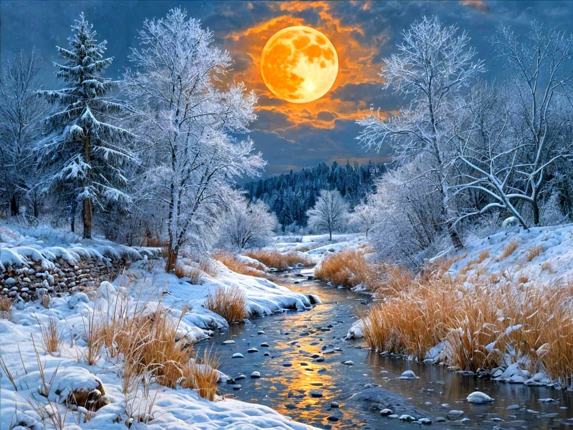 Frosty Winter Night Landscape with Amber Moon