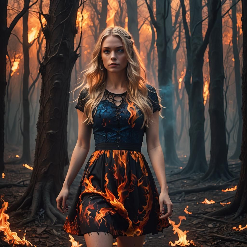 Flame Dress in Dark Forest: Fantasy Concept Art