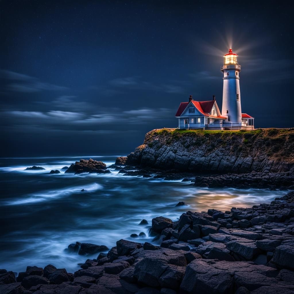 Dramatic Lighthouse at Night in Hyperrealistic Style