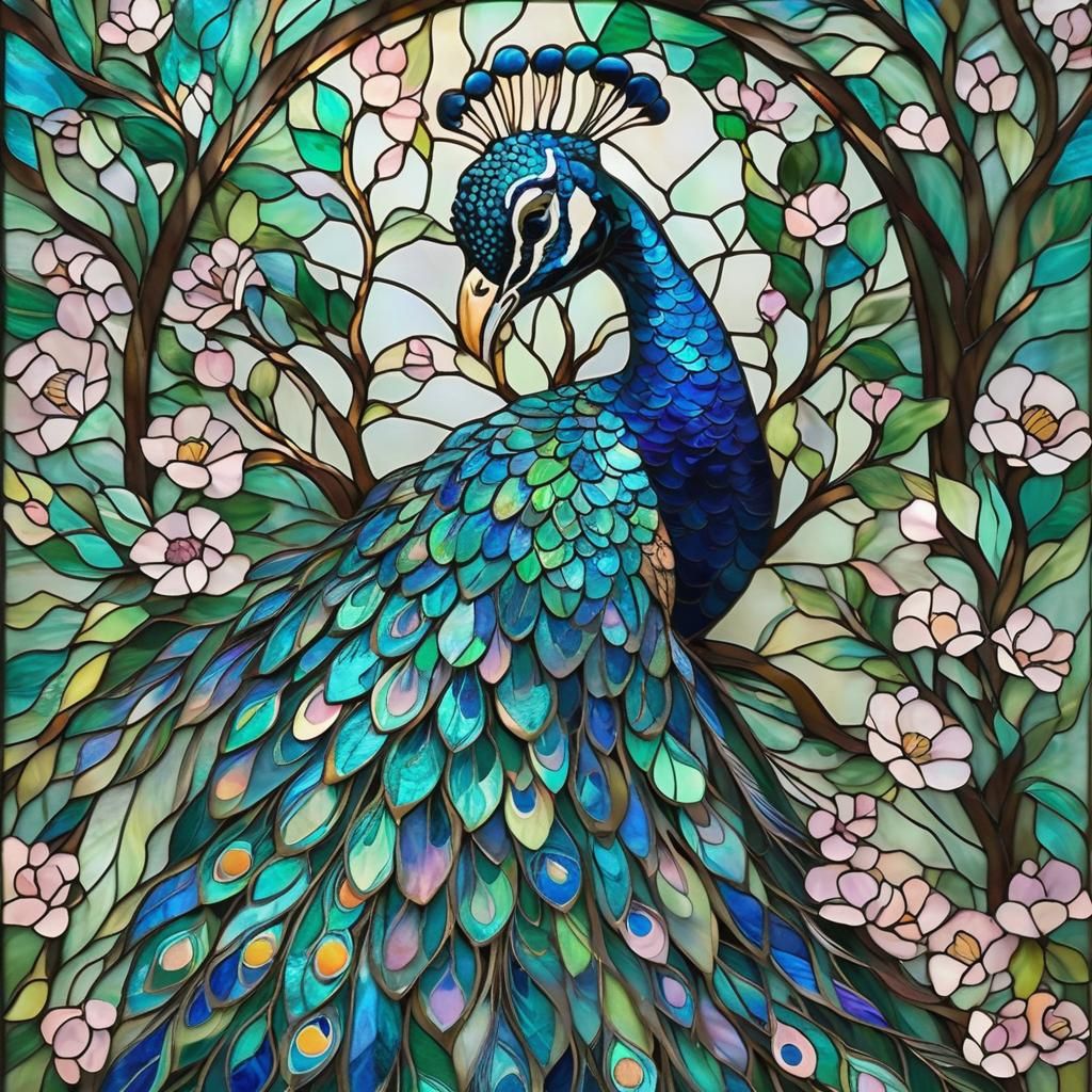 Majestic Peacock Stained Glass Artwork in Tiffany Style