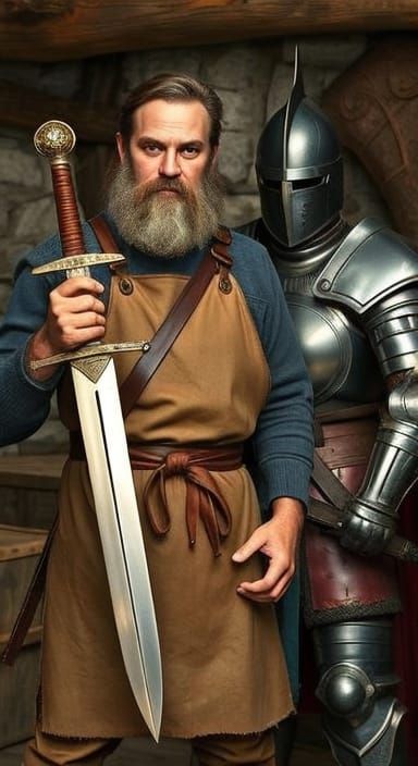 Blacksmith and Knight in Golden Light: Fantasy Art