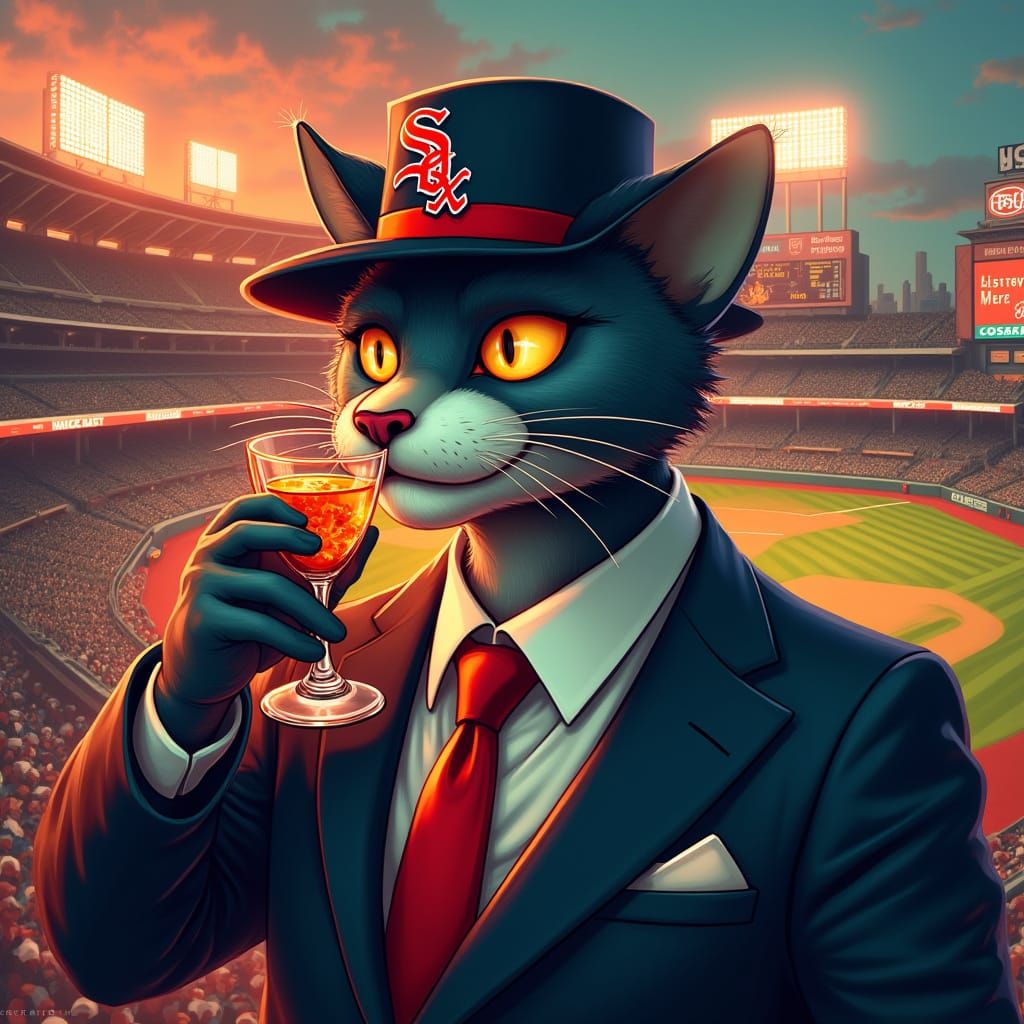 Art Deco Tomcat Sipping Cocktail in Futuristic City