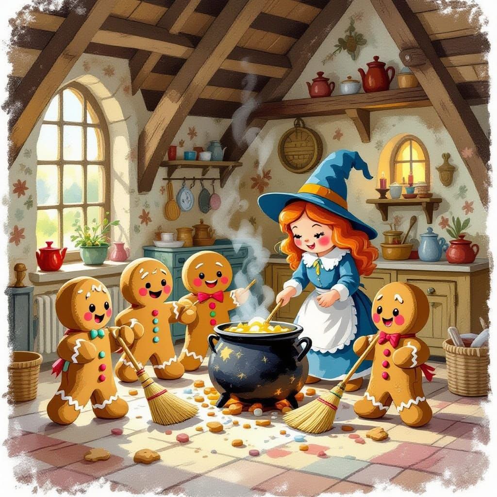 Gingerbread Cookies Clean Witch's House in Storybook Style
