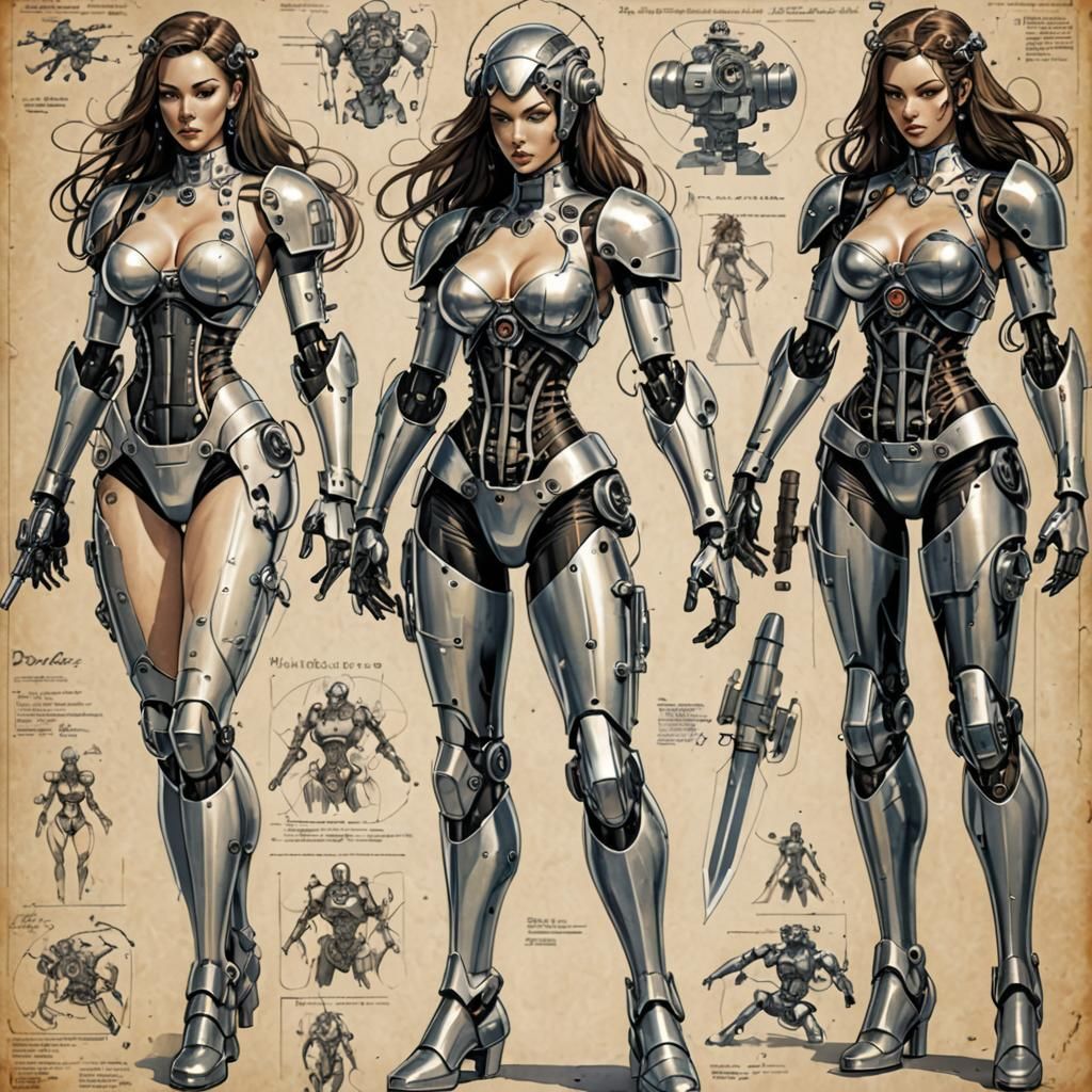 Retro Cyberpunk Robot Battle with Pinup Women