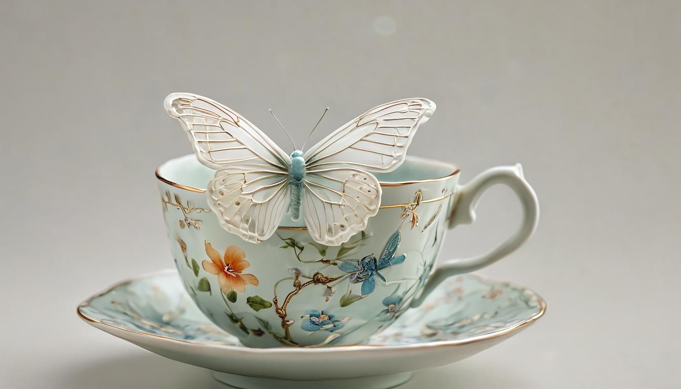 Porcelain Butterfly on Tea Cup: Macro Photography