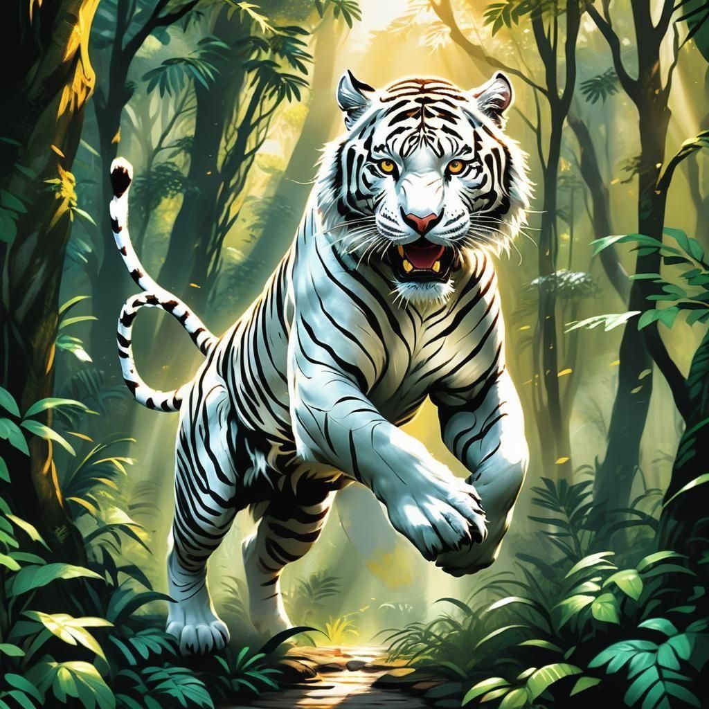 White Tiger Jumps from Jungle in Comic Book Art