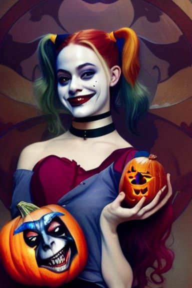 Beautiful Harley Quinn holding a beating heart and the joker...