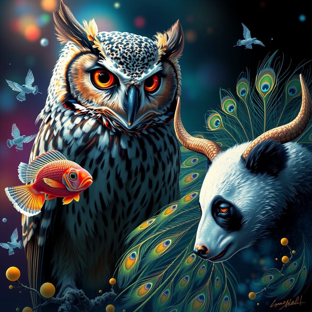 Hyperrealistic Owl-Fish-Panda-Peacock-Bull Hybrid Creature