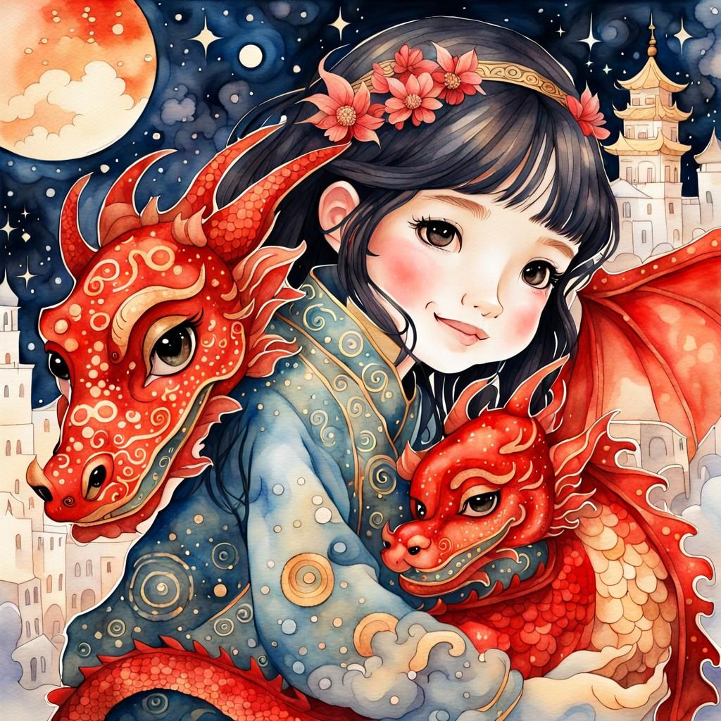 Chibi Girl and Dragon in Watercolor Art Nouveau Style