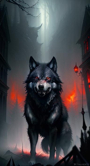 Sinister Shadow Wolf with Red Eyes in Oil Painting