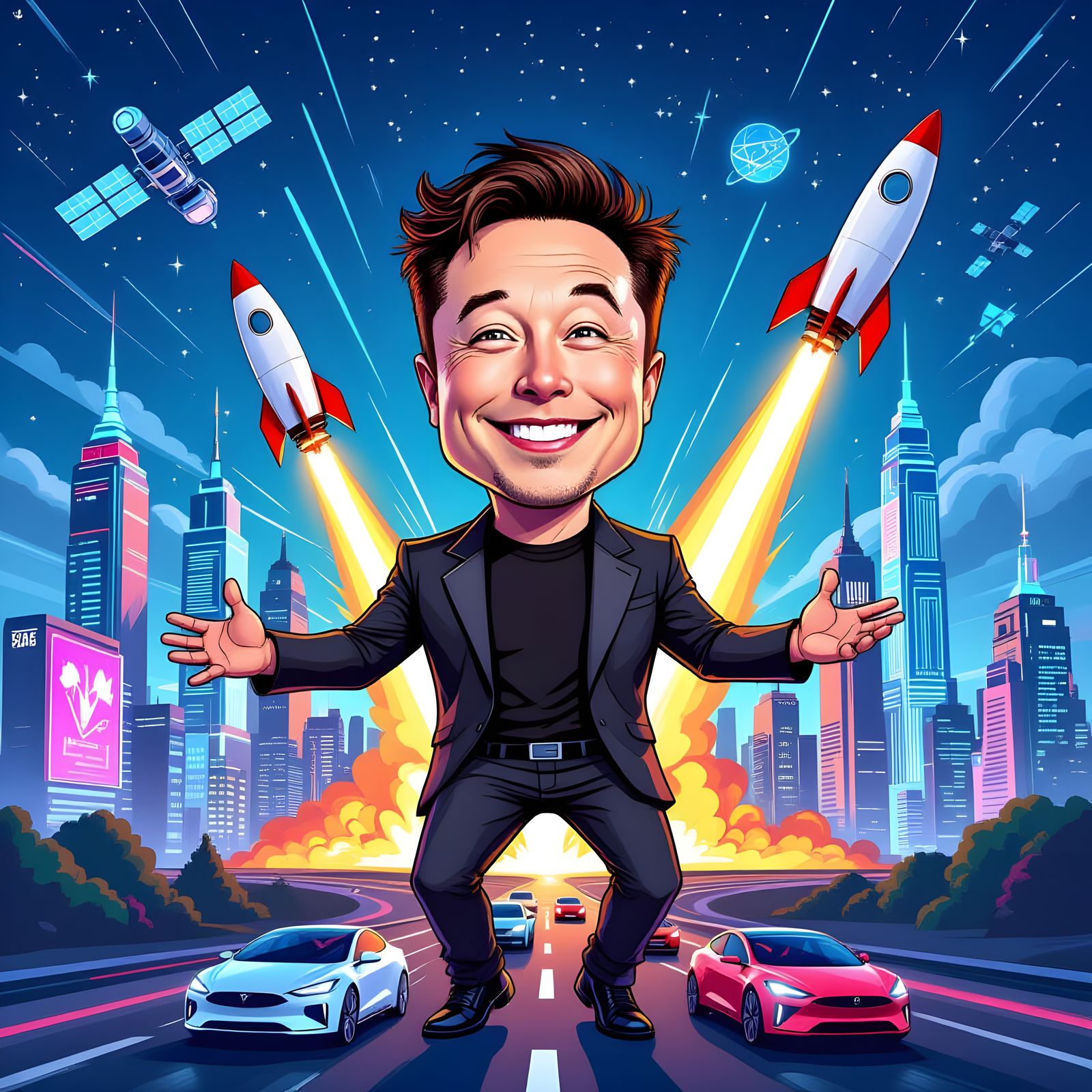 Elon Musk Campaigning in Futuristic Neon City