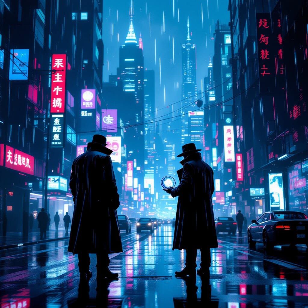 Cyberpunk Detective Examines Artifact in Neon City