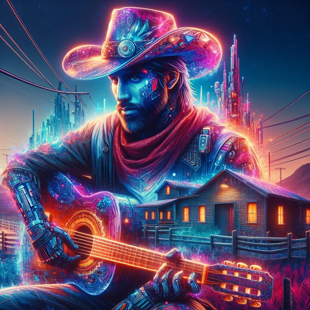 Futuristic Cowboy with Neon Graffiti Art, Double Exposure