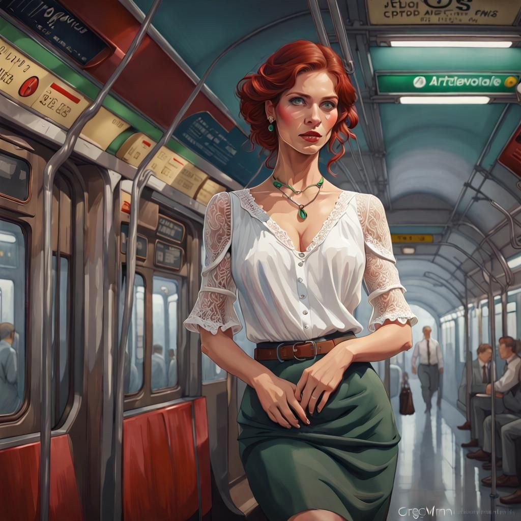 Beautiful Woman on Subway, Art Nouveau Portrait