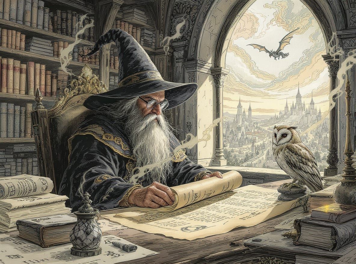 Wizard Reading Scroll in Medieval Office