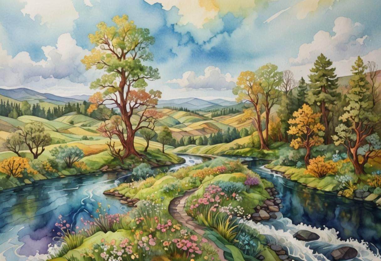 Vibrant River Landscape with Abstract Watercolor Fractals