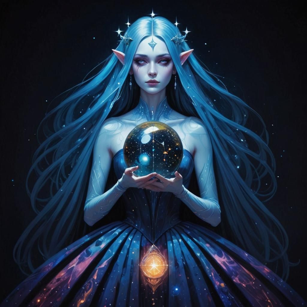 Gothic Goddess with Galaxy Gown Holding a Planet