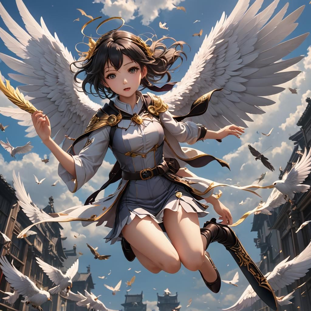 Anime Woman Flying with Wings in 3D Style
