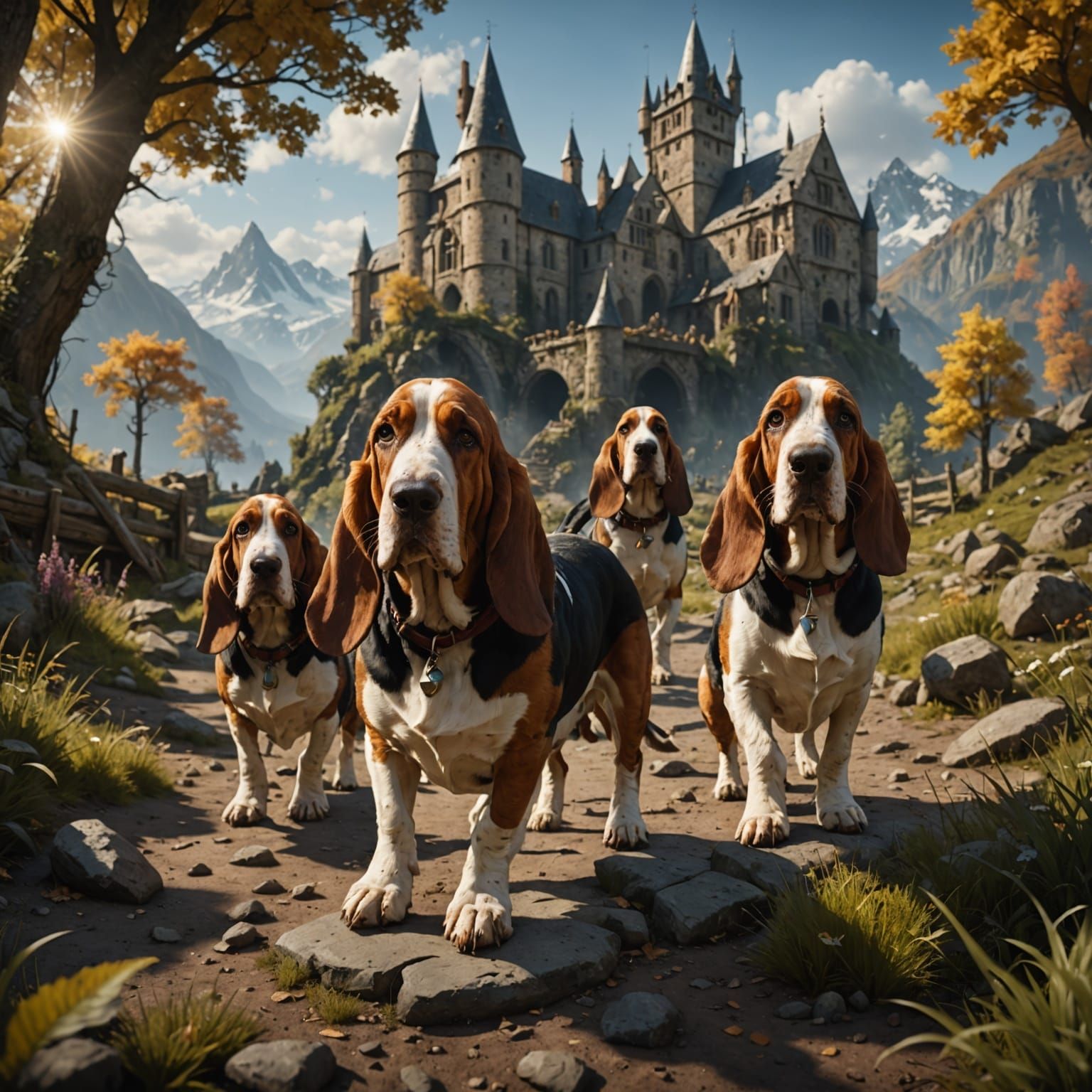 Basset Hounds Explore Outdoors in Fantastical Matte Painting