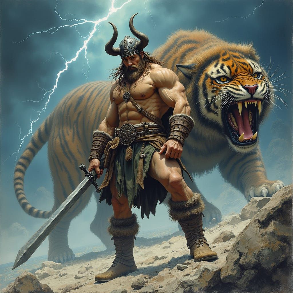 Viking Warrior with Tiger in Fantasy Art Style