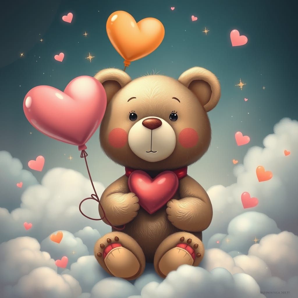 A whimsical realistic cute Valentine’s Day teddy bear holding a heart-shaped balloon, surrounded by soft clouds, small h...