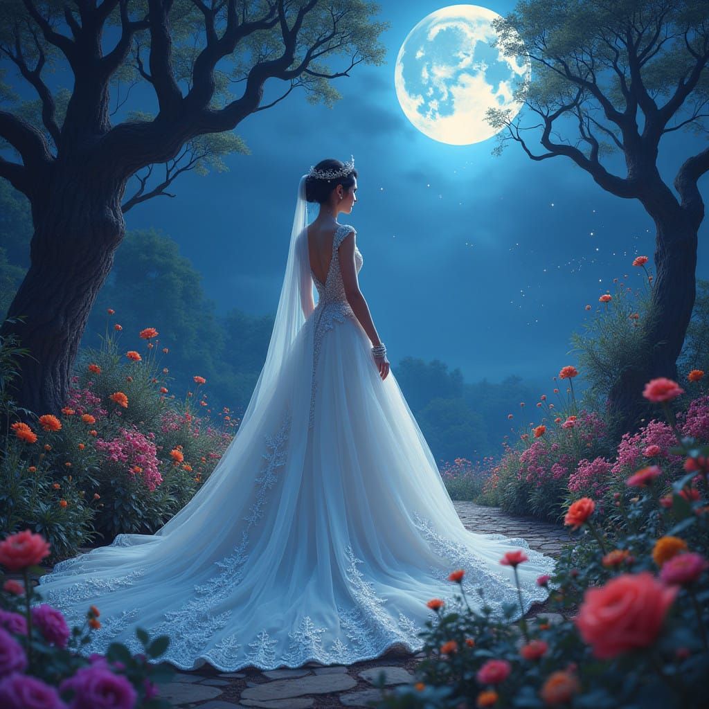 Whimsical Midsummer Bride in Lavish White Gown amidst Twiste...