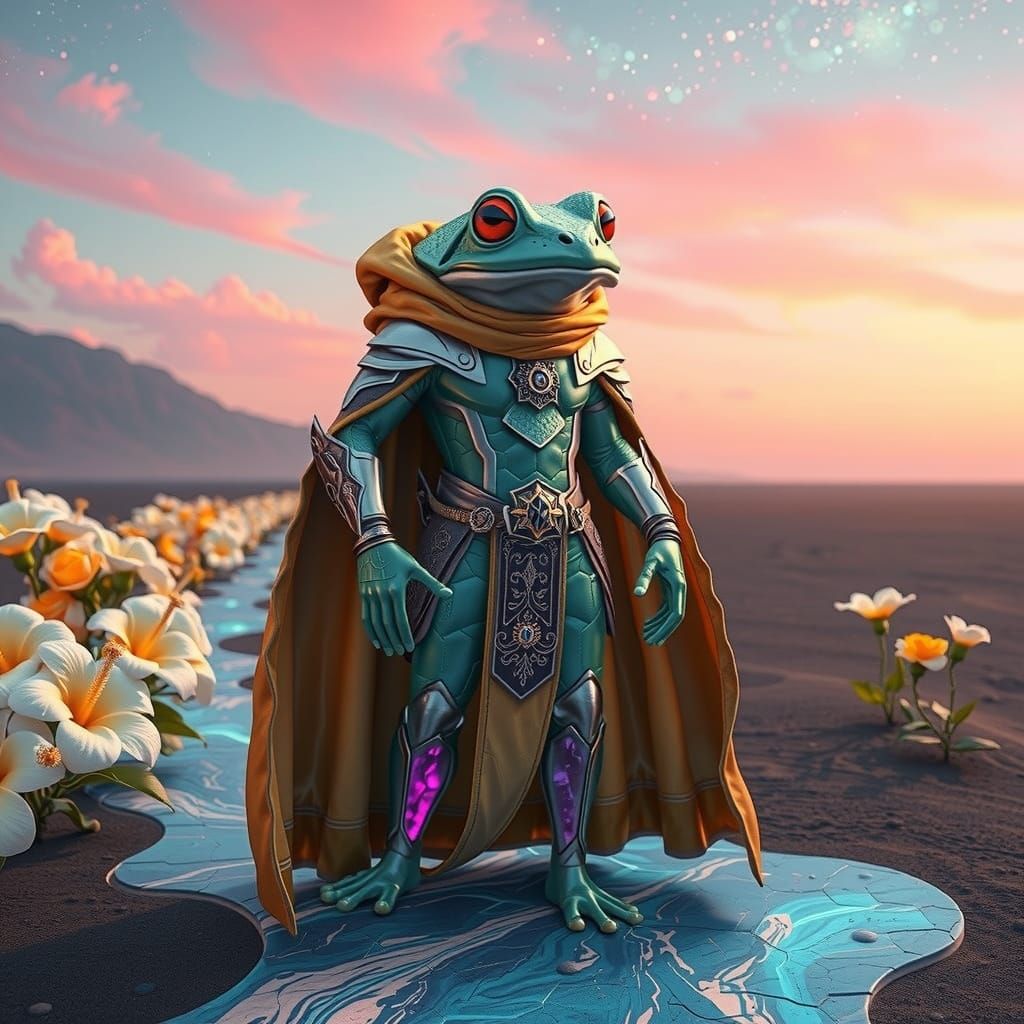 Frog Sorceress on Black Sand Beach in Sci-Fi Style