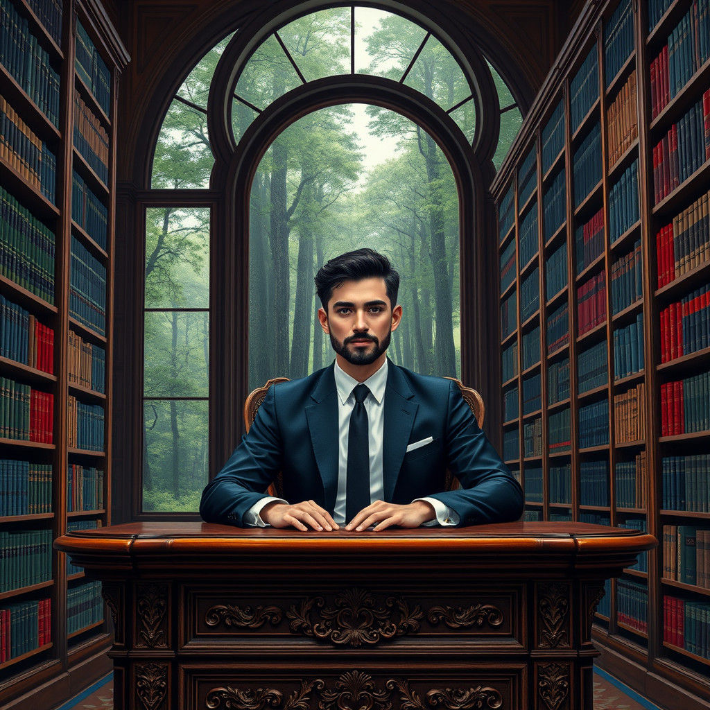 Young Man in Suit at Ornate Desk in Library