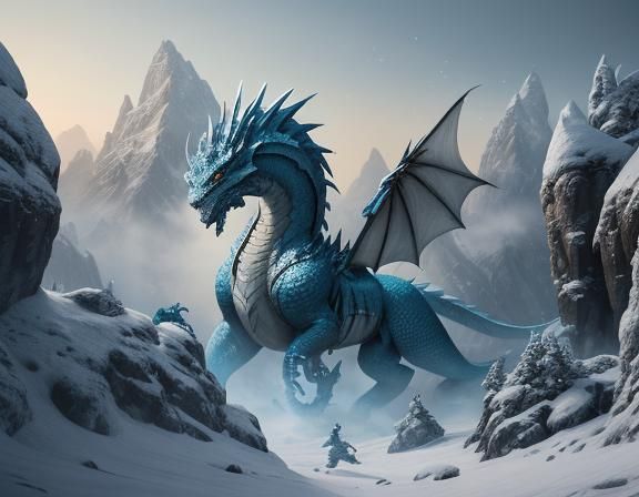 Grand Dragon on Snowy Mountain: Epic Fantasy Scene